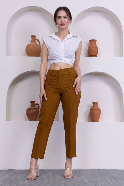 lodmela Pocket Detailed Ankle Length Women's Fabric Trousers 359-Brown