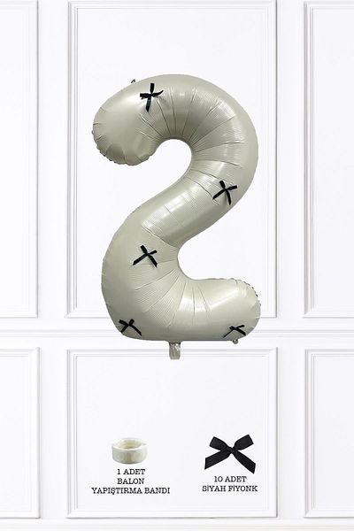 PEKSHOP 2 Years Old Black Bow Retro Cream Number Balloon 80 cm with Black Ribbon