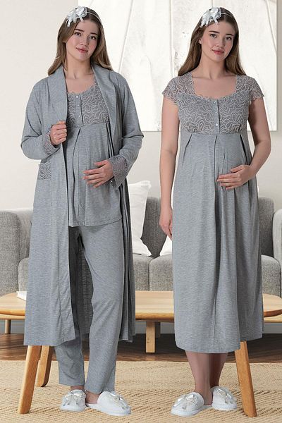 By Mecit Pijama Women's Short Sleeve Guipure Detailed Morning Gown Nightgown Pajamas 4-Piece Maternity Set 75% Cotton 25% Viscose