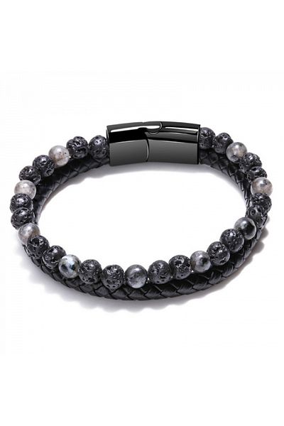 xUPING Double bracelet made of leather and semi-precious stone, magnetic clasp, 19 cm, volcanic roc