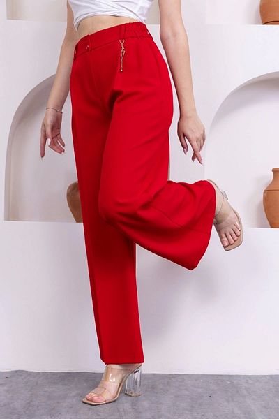 lodmela Accessory Detailed Elastic Waist Palazzo Trousers 516-Red
