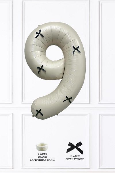 PEKSHOP 9 Year Old Black Bow Retro Cream Number Balloon 80 cm with Black Ribbon