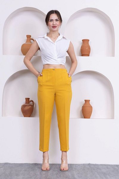lodmela Button Detailed Elastic Waist Ankle Length Trousers 351-Yellow