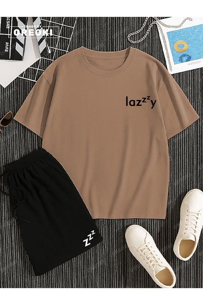 EFFRENATU Lazzzy Printed Cotton Unisex Creamy T-Shirt-Black Shorts Set