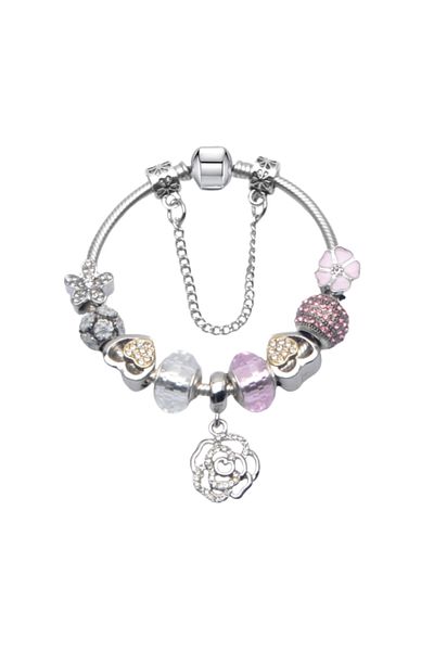 Tessero Women's bracelet with 10 different charms, floral pattern, silver plated, clip closure, ma
