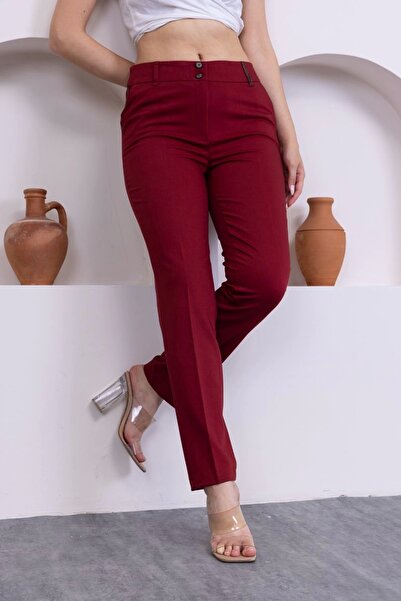 lodmela Leather Detailed Pocket Ankle Length Trousers 3146-Burgundy