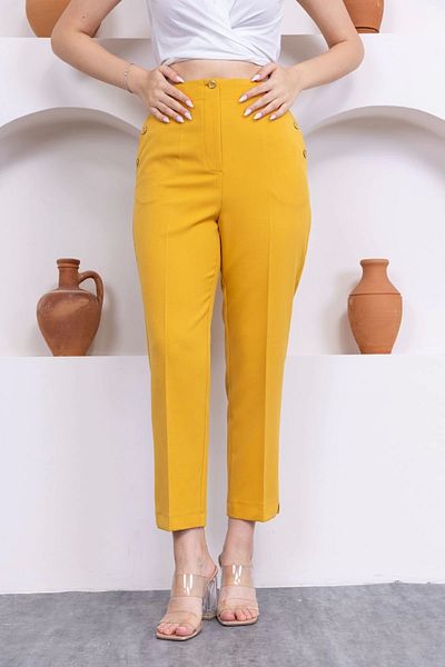 lodmela Button Detailed Elastic Waist Ankle Length Trousers 351-Yellow