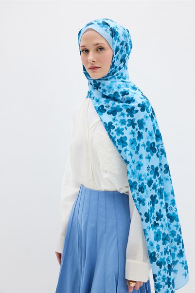 cs camellia scarf Şal moale cu model Blom - Albastru