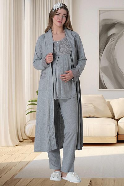 By Mecit Pijama Women's Short Sleeve Guipure Detailed Morning Gown Nightgown Pajamas 4-Piece Maternity Set 75% Cotton 25% Viscose