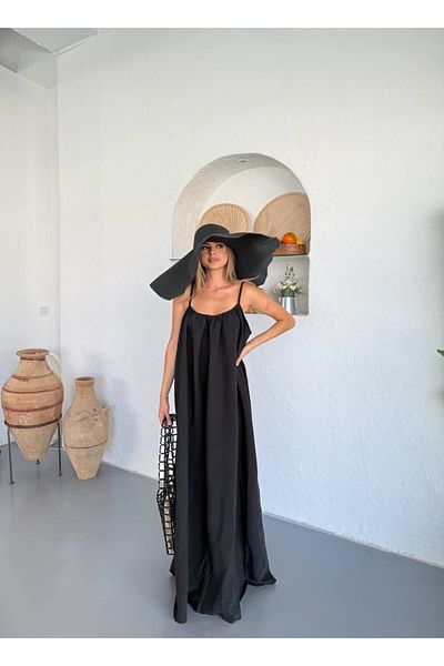 Ahsenbutik Women's Gathered Collar Adjustable Strap Long Dress - Black