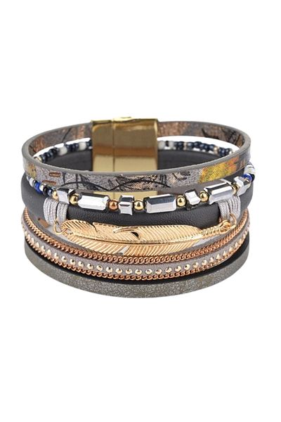 Tessero Women's bracelet made of natural leather with multiple strands, feather pattern, magnetic clasp, zircon stones