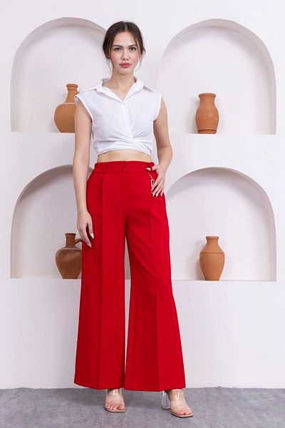 lodmela Accessory Detailed Elastic Waist Palazzo Trousers 516-Red