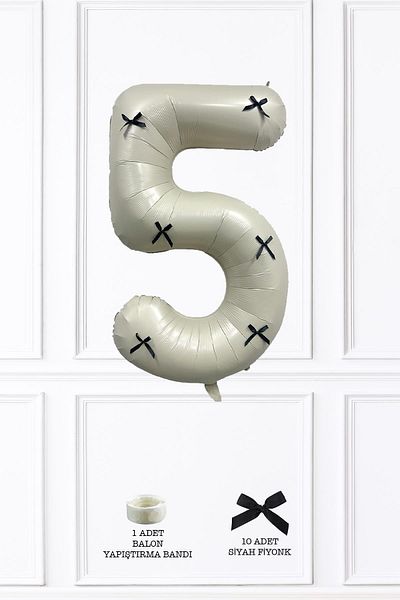 PEKSHOP 5 Years Old Black Bow Retro Cream Number Balloon 80 cm with Black Ribbon