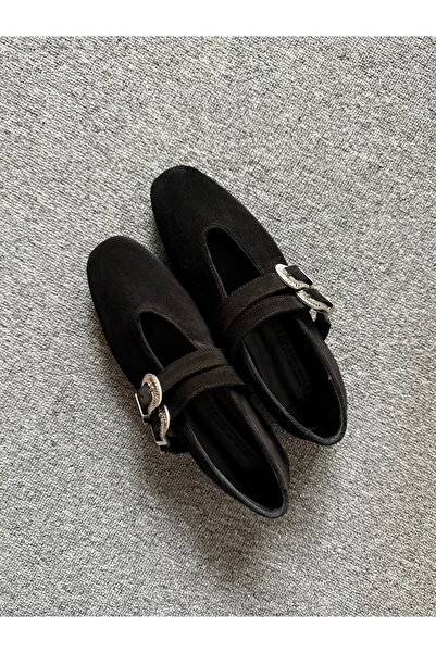 LOSS CLOUDY Black Suede Ballet with Buckle