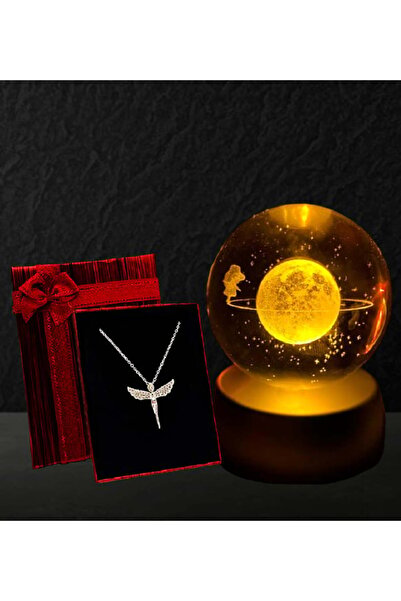 keyfim shop 3D Satürnlü Kız Işıklı Cam Küre & Gümüş Kaplama Melek Kolye Hediy...