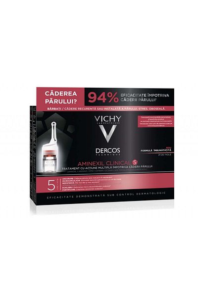 Vichy Dercos Aminexil Clinical 5 Tratament anti-cădere a părului pentru bărbați, Tratamente pentru păr, 21 fiole