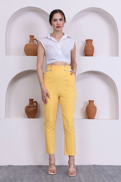 lodmela High Waist Women's Trousers with Pocket Detail 329-Yellow