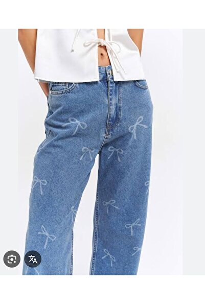 Nüans Mavi Baggy Lazer Fiyonk Desenli Jean Pantolon