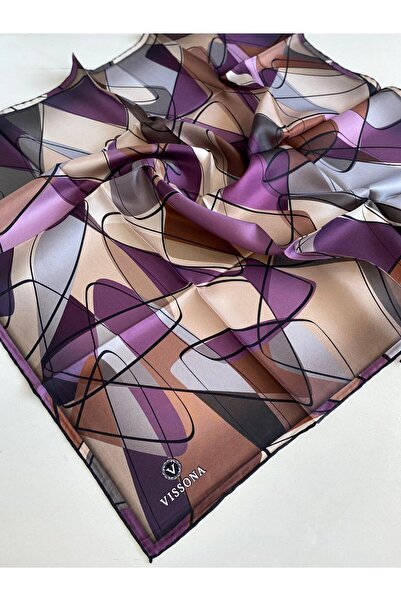 Vissona وشاح حريري 100% بنمط هندسي بلون أرجواني - بيج مقاس 90×90 شكل الخياطة:...