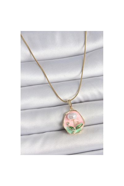 Skygo 316L Steel Gold Color Chain Pink Flower Embroidered Pearl Detail Portrait Model Women's Necklace - Tj-Bko10125
