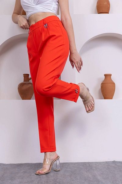 lodmela Pile Detailed Double Leg Women's Fabric Trousers 324-Coral