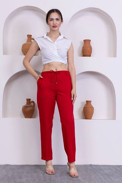 lodmela Women's Fabric Trousers with Lacing Detail and Elastic Waist 326-Red