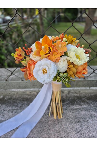 Buketlife Turuncu krem gelinbuketi gelinçiçeği ve yakaçiçeği