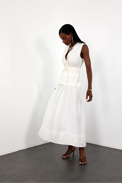 5in1Canpolat White Belted Vest Detailed Dress 36477