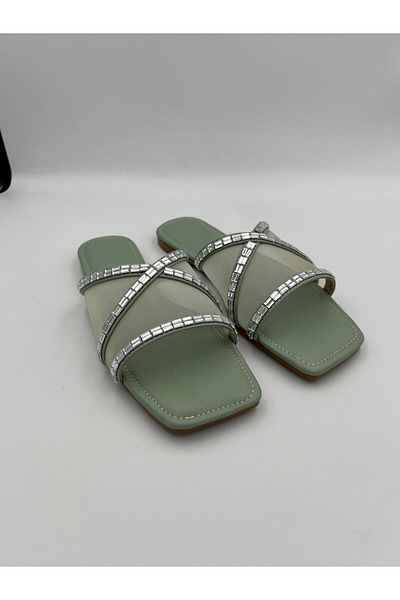 Ömer Ediz Shoes Stone Detailed Women's Mesh Flat Slippers – Summer Comfortable Sandals - Ömer Ediz Shoes
