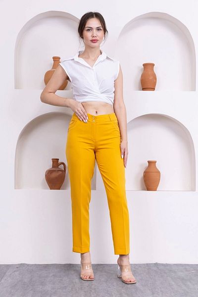 lodmela Pocket Detailed Ankle Length Women's Fabric Trousers 0101-Yellow