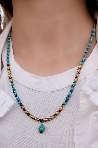 Fildişi Aksesuar Turquoise - Bronze Colored Ethnic Handmade Women's Necklace (55 cm)