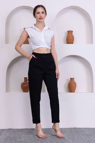 lodmela Pile Detailed Double Leg Women's Fabric Trousers 324-Black