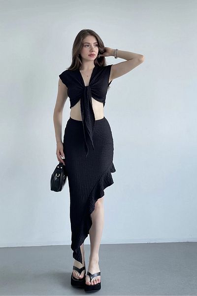 MOZENA Tie-Up Crop Asymmetrical Slit Skirt Suit