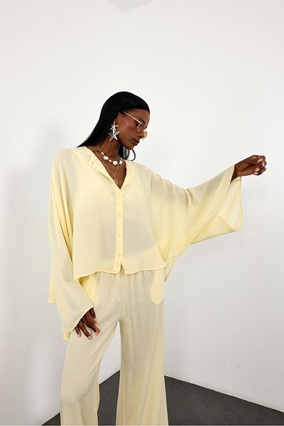 5in1Canpolat Yellow Oversize Bat Sleeve Shirt Trousers Set 1008