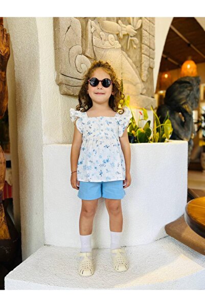 Generic Brand Floral Patterned Girl's Linen Bottom Top Set with Flared Sleeve...
