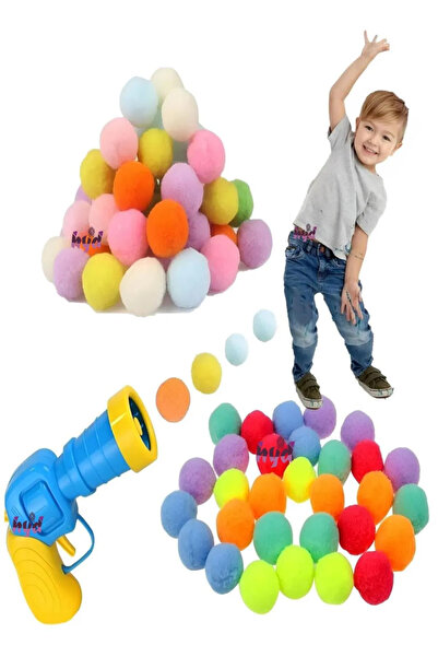 Bundeba Oyuncak Peluş Ponpon Top Atan Fırlatan Ponpon Tabancası 20 Adet Ponponlu Oyun