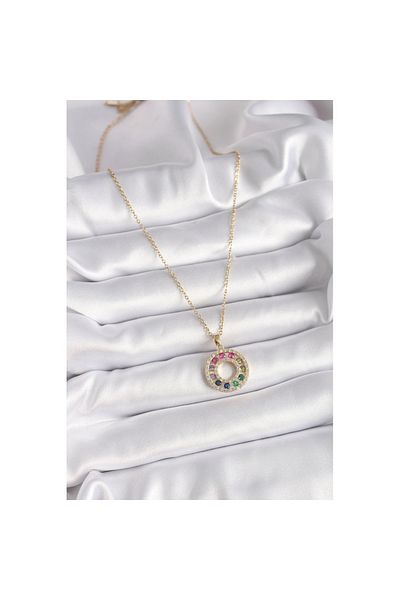 Skygo 316L Steel Gold Color Chain Colorful Zircon Stone Medallion Model Women's Necklace - Tj-Bko9490
