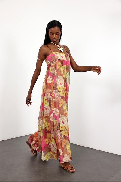 5in1Canpolat Pink Floral Patterned Chiffon Dress 36509