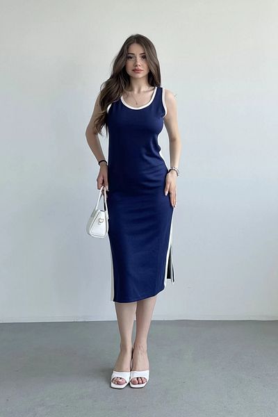 MOZENA Modal Fabric Side Slit Striped Midi Dress