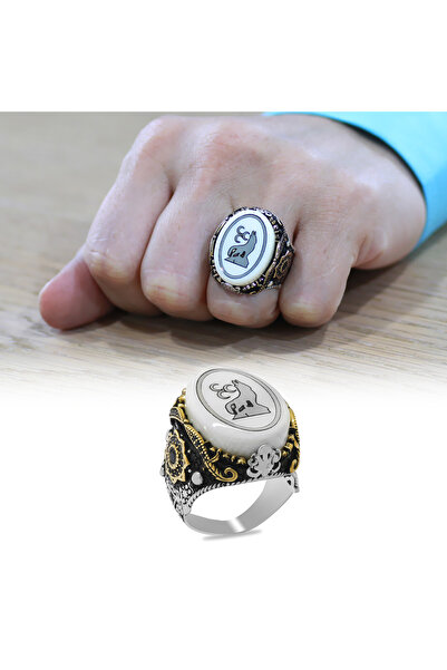 Tesbihane Fildişi Üzerine Üç Hilal Kurt İşlemeli Oval Tasarım Koleksiyonluk 925 Ayar Gümüş Erkek Yüzük