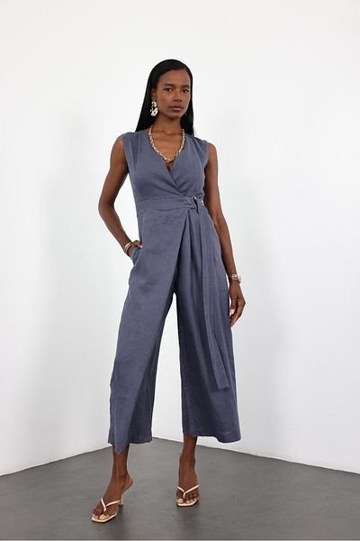5in1Canpolat Indigo Linen Double Breasted Jumpsuit 1030