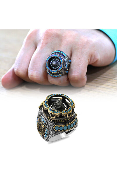 Tesbihane Mescidi Aksa Detaylı Kenarları Mikro Firuze Taş Süslemeli Avangarde 925 Ayar Gümüş Erkek Yüzük
