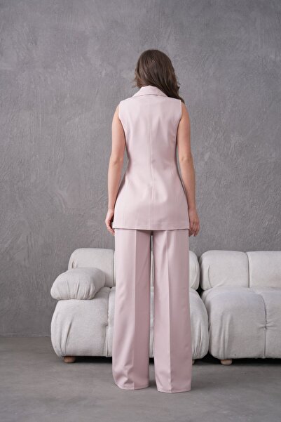 nodilife Belted Brooch Detail Vest Palazzo Trousers Women's Suit Beige