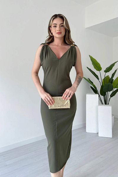 Aventien Slit Khaki Midi Dress with Strap Accessory Detail