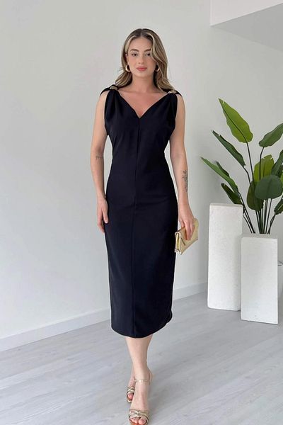 Aventien Black Midi Dress with Strap Accessory Detail and Slit