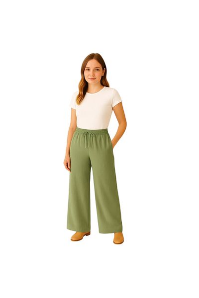 ArdaEge Women's Elastic Waist Muslin Trousers Khaki