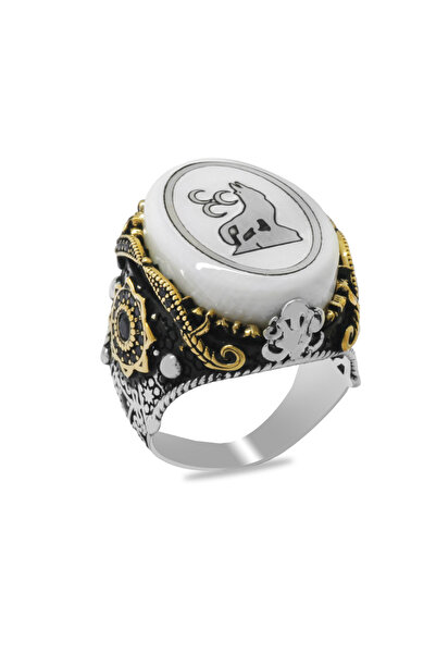 Tesbihane Fildişi Üzerine Üç Hilal Kurt İşlemeli Oval Tasarım Koleksiyonluk 925 Ayar Gümüş Erkek Yüzük