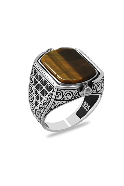 Tesbihane Kaplangözü Taşlı Siyah Zirkon Taşlı Çift Taraflı İsme Özel Harf Yazılı 925 Ayar Gümüş Erkek Yüzük