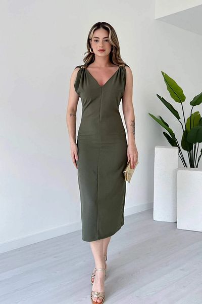 Aventien Slit Khaki Midi Dress with Strap Accessory Detail