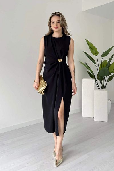 Aventien Black Midi Dress with Brooch Detail and Gathered Slit